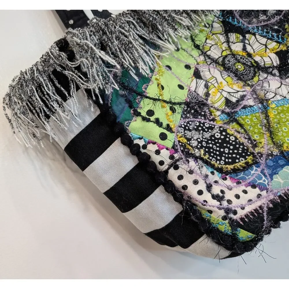 Quilted Patchwork Tote Purse Bag Boho Mixed Media Fringe Pikake Design Embelish